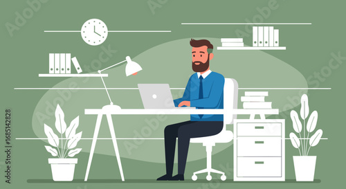 Professional businessman working diligently on his laptop at a modern, organized office desk. Ideal for concepts of productivity, remote work, and focused business tasks.