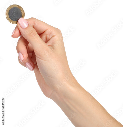hand holding a coin isolated on white background