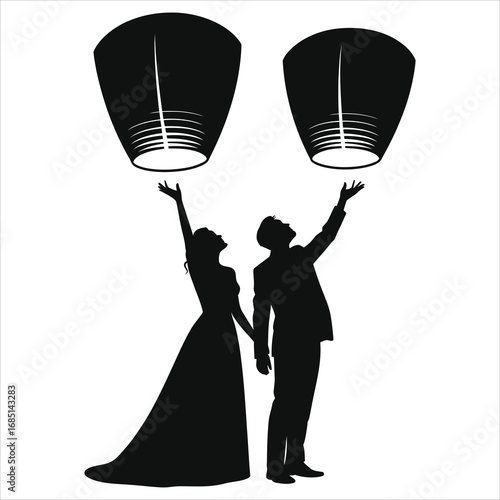 Silhouette of a bride and groom holding hands and releasing sky lanterns together, symbolizing love, celebration, unity, wedding traditions, romantic moments, and festive outdoor evening events.
