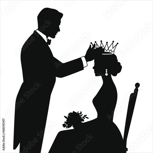 Elegant silhouette of a man crowning a seated woman with a royal crown, symbolizing honor, respect, love, and celebration, perfect for themes of royalty, romance, weddings, and special ceremonies.