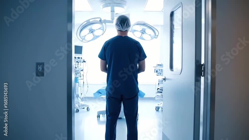 Focused surgeon in blue scrubs stands at the entrance to a high-tech operating room, prepared for a complex medical surgery