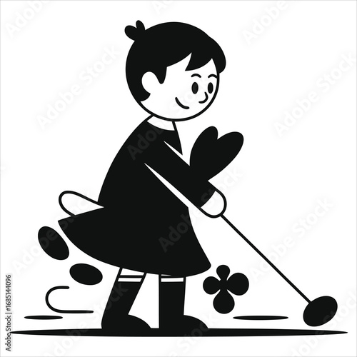 Cute Little Girl Playing Hoop and Stick with Flower - Black and White Vector Illustration of Smiling Child in Dress and Boots Rolling Toy Outdoors, Ideal for Children's Books, Retro Designs