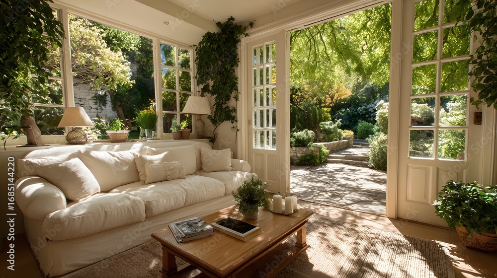 Naklejka premium Serene and elegant living room with plush white couches and French doors opening wide to a lush, perfectly manicured garden, bathed in golden sunlight.