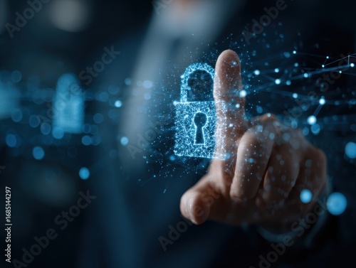 Network cybersecurity and privacy using artificial intelligence to safeguard data. AI technology is being used by a businessman to protect data management and information to cyberattacks.