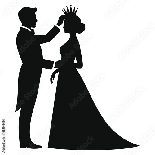 Romantic Prince Crowning Princess Silhouette - Black and White Vector Illustration of Groom in Tuxedo Placing Crown on Bride in Elegant Gown, Ideal for Fairy Tale Weddings, Royal Invitation