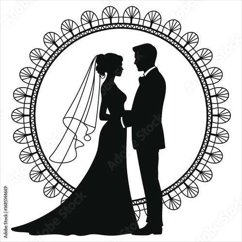 Elegant wedding couple silhouette in an ornate lace frame. Romantic vector of a bride and groom for marriage invitations, save the date, or anniversary card design.