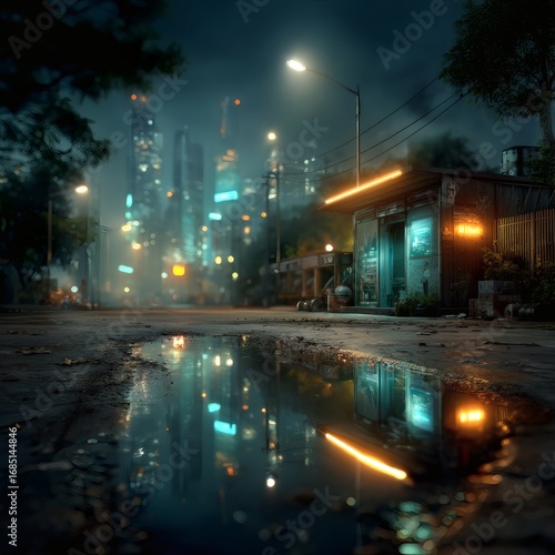 Rainy city night with neon reflections, moody cyberpunk aesthetic, cinematic urban photography, futuristic street vibes, 16:9 