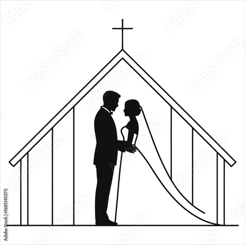 Christian wedding couple silhouette inside a church with a cross. Minimalist vector graphic for religious marriage ceremony, save the date, or invitation design.