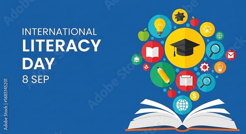 Celebrate International Literacy Day September 8th with vibrant symbols of knowledge and learning bursting from an open book.