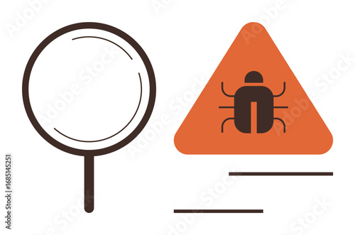 Magnifying glass next to orange triangle with bug icon. Ideal for analysis, debugging, inspection, problem-solving, caution, software testing, IT security. Simple flat metaphor