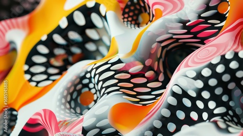 The image showcases an abstract, psychedelic design with intricate patterns and bold shapes