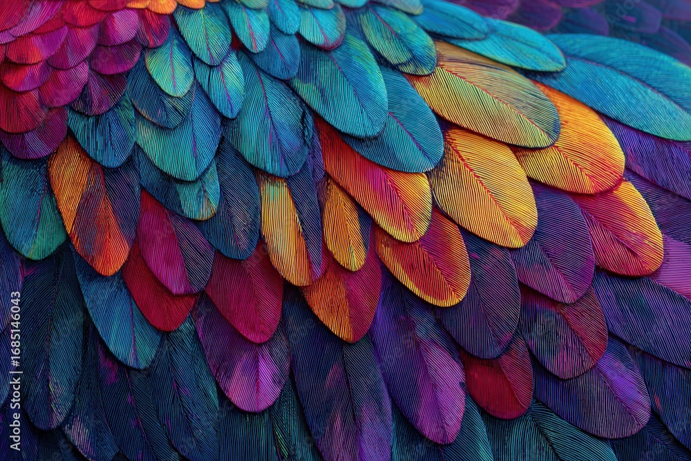 Fototapeta premium A vibrant array of multicolored feathers creates a striking visual texture.