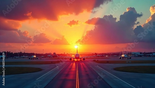 A vibrant sunset over a Mexican airport runway, with airplanes taxiing Ready for takeoff or arrival, capturing the essence of travel to Mexico , airplane, sunset