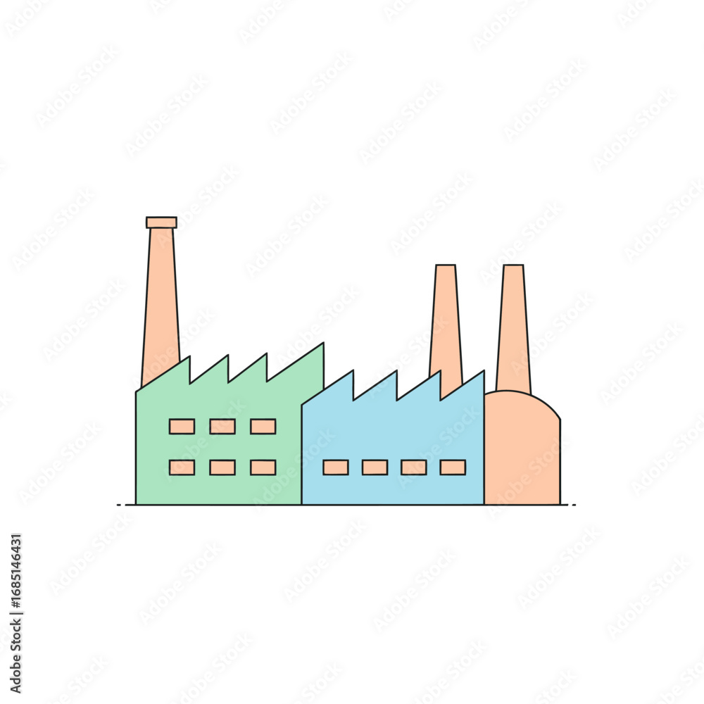 Naklejka premium Modern factory with green and blue buildings, perfect for illustrating industry, manufacturing, or production processes, simple design
