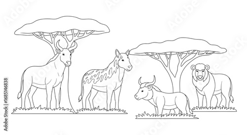 Minimal Anime Style Safari Animals Wildlife Coloring Page for Kids Jungle Adventure