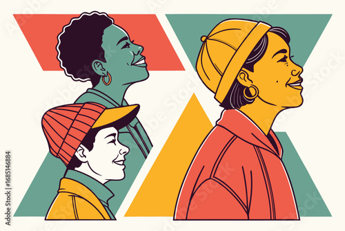 Diverse group of people looking up with hopeful expressions stylized vector illustration representing youth culture and optimistic future and positive vision with geometric background
