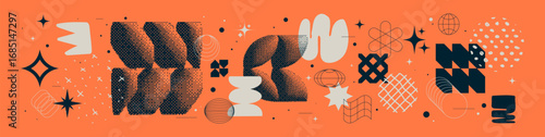 Collection of Universal trendy geometric bright bold shapes, minimalistic bizarre and brutalism abstract elements, Vector y2k aesthetic graphic assets, brutal and dithering symbols set 3
