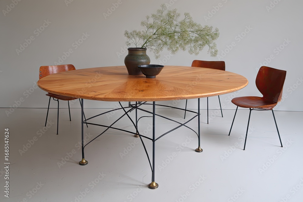 Fototapeta premium A round wooden dining table with metal legs and chairs.