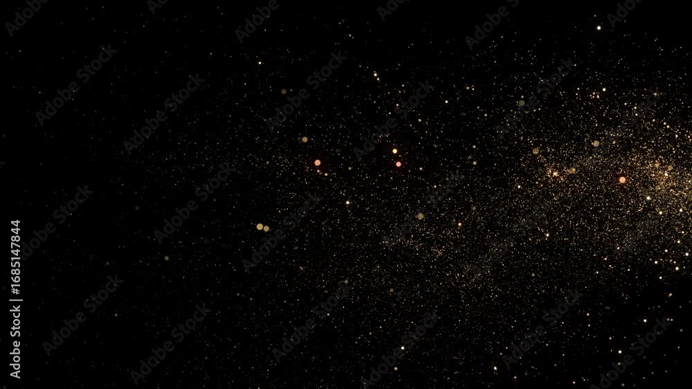 Golden Stars Trail Moving Left to Right Curve with Twinkling Particles Floating. Firework Flying on Black Background Christmas Style Design Element Overlay Screen. Gold Dust Glowing 3d Animation 4k.