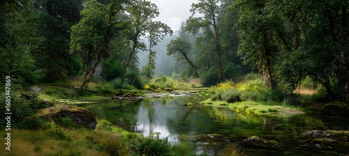 Serene river flowing through lush green forest scenery nature landscape photography tranquil scene view
