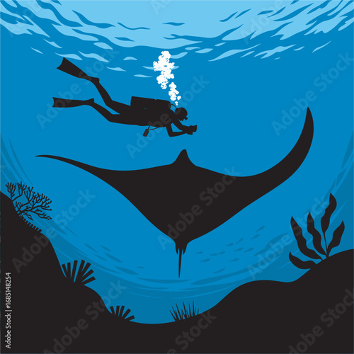 Scuba Diver with Manta Ray Silhouette Underwater Marine Encounter Scene