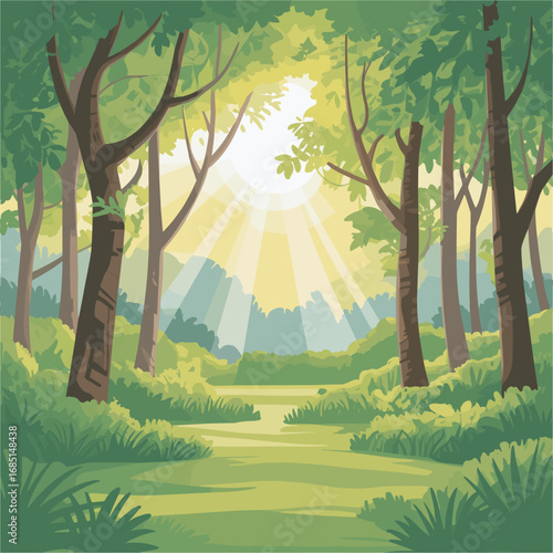 Sunlit Forest Clearing with Lush Greenery and Pathway for Serene Scene