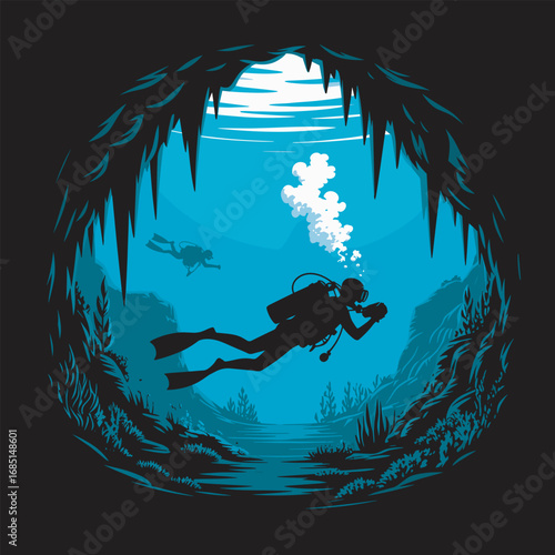 Underwater Cave Exploration Silhouette with Scuba Divers and Marine Life