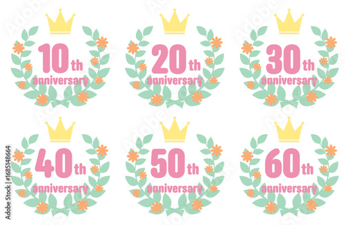 カラフルで可愛い花と月桂樹と王冠のアニバーサリーアイコンセット　10周年、20周年、30周年