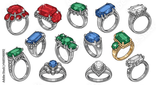 Collection of Precious Gemstone Rings with Colored Stones Vector Illustration