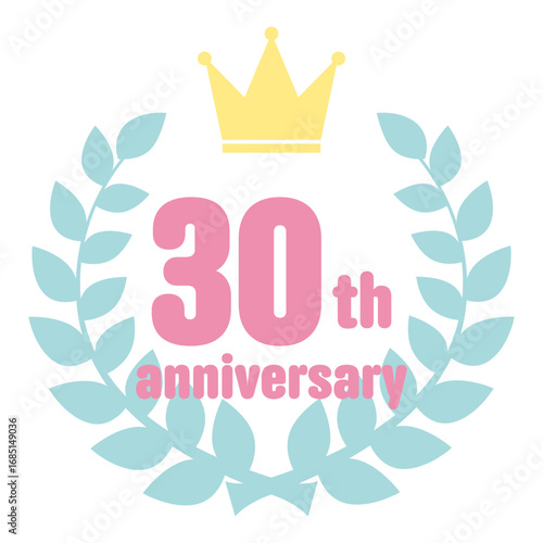 カラフルで可愛い王冠と月桂樹の周年記念アイコン　30周年