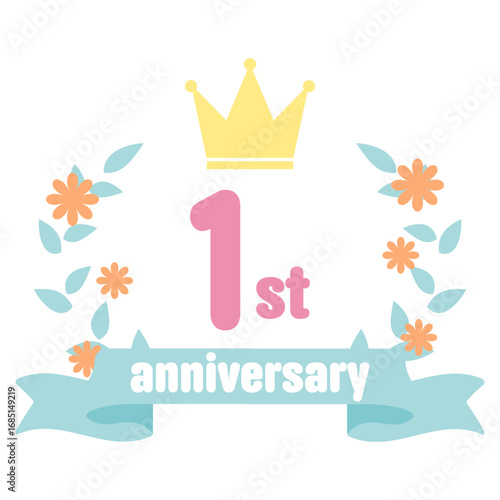 周年記念アイコン 王冠と花飾り付き数字デザイン 可愛いアニバーサリーのベクターイラスト 1周年