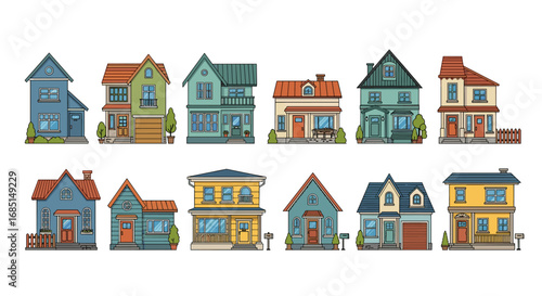 Colorful Neighborhood Houses with Various Architectural Styles Design