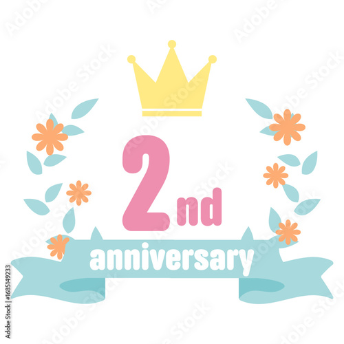 周年記念アイコン 王冠と花飾り付き数字デザイン 可愛いアニバーサリーのベクターイラスト 2周年