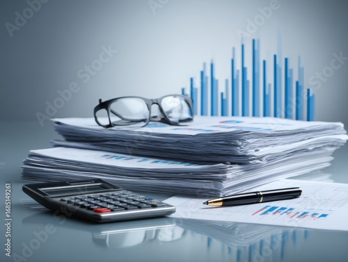 Preparing report. Blue graphs, glasses, calculator and pen. Business reports and pile of documents on gray reflection background.
