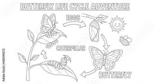 Butterfly Life Cycle Adventure Black and White Coloring Page for Elementary School Students