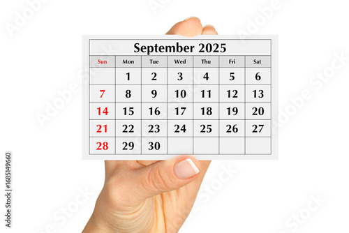 Page of the annual monthly calendar august 2025 in hand. Isolated on transparent png
