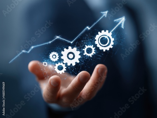 Productivity and Automation Strategy for Business Success. Businessman hand showing digital gears and arrows. system optimization, growth performance, and innovation in digital transformation