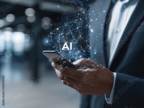 Professional businessman using smartphone for AI