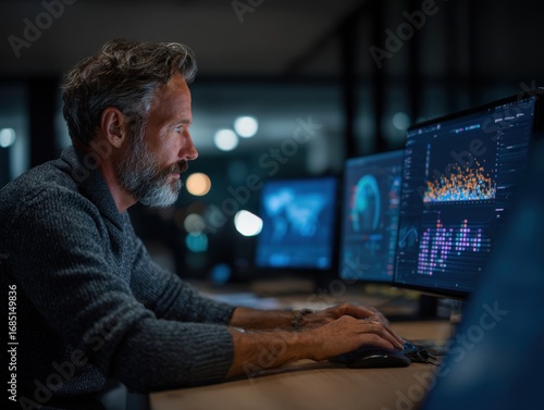 Professional Businessman Utilizing AI Technology for Data Analysis to Enhance Business Strategy and Drive Innovation in a Tech Driven Workspace.