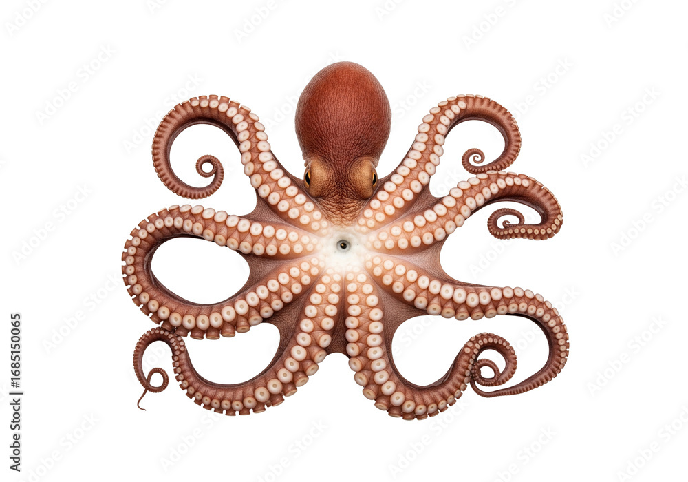 Obraz premium Vibrant Raw Octopus with Detailed Tentacles Isolated on White Background, Top View