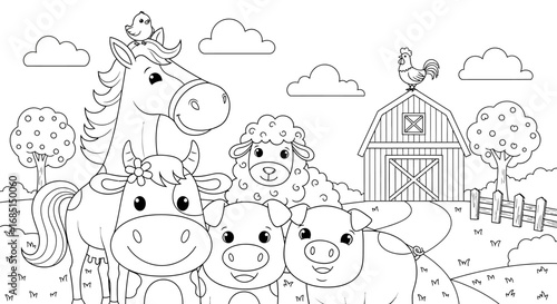 Minimal Anime Style Farm Animals Rural Fun Coloring Page for Kids Barnyard Scenery