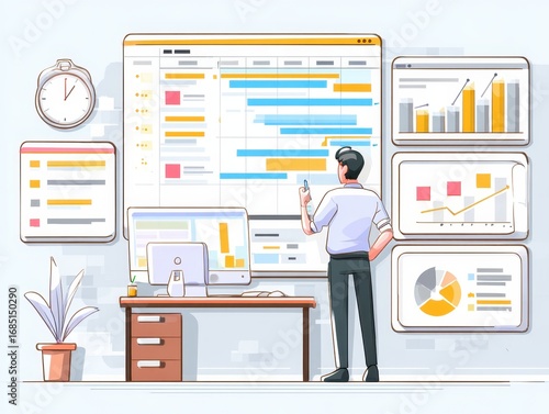 Project management and workflow tracking concept. task management system with a Gantt chart, to do list, and KPI dashboard, representing corporate efficiency, productivity, and timeline tracking.