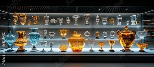 Glass trophy and award collection in a display case.