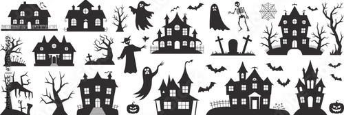 Black silhouette Halloween vector set with haunted houses, ghosts, bats, skeleton, pumpkin, creepy trees, spider web, graveyard, spooky night
