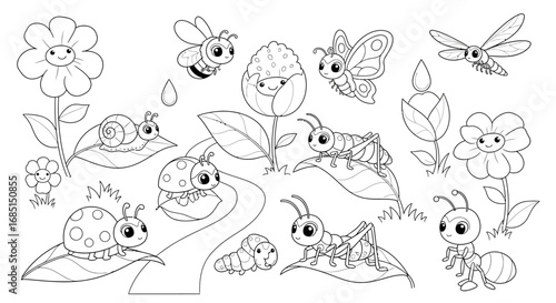 Minimalist Anime Style Insects Nature Learning Coloring Page Kids Educational Fun