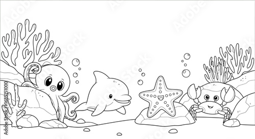 Minimalist Anime Style Ocean Creatures Fun Discovery Coloring Page Kids Marine Life