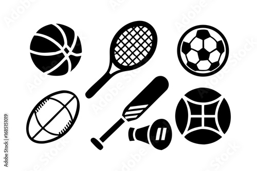Sports equipment icons including balls, racket, bat, megaphone