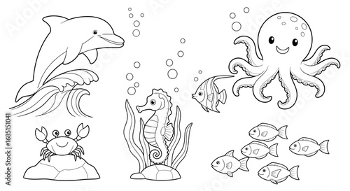 Minimal Anime Style Ocean Creatures Marine Life Coloring Page for Kids Educational