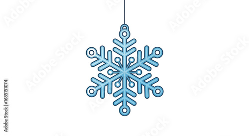 Detailed Blue Snowflake Ornament Hanging Against White Background.