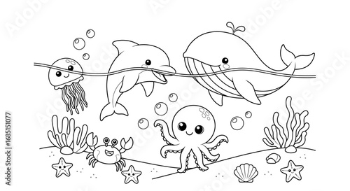 Minimal Anime Style Ocean Creatures Fun Discovery Coloring Page for Kids Underwater World